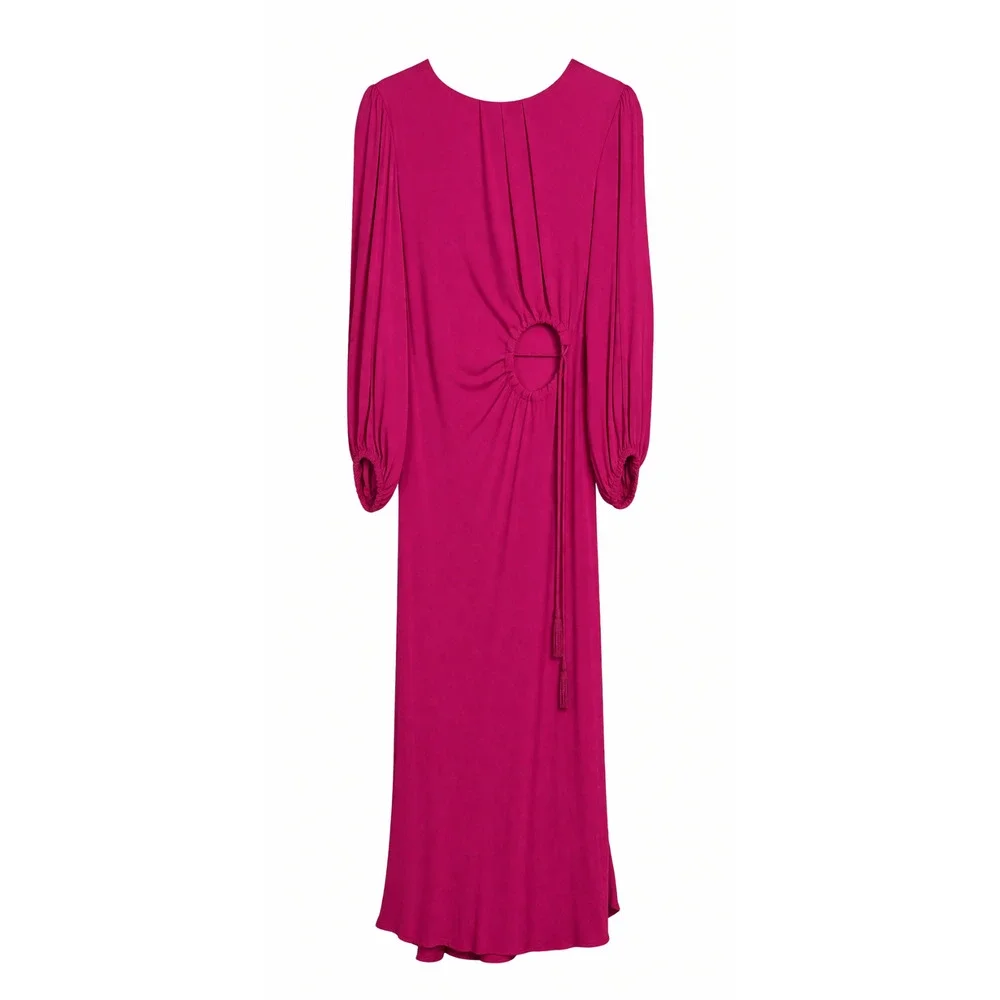 Farm Rio Cutout Maxi Dress Size Medium Tassel Magenta Blouson Sleeves Cocktail - Picture 3 of 10